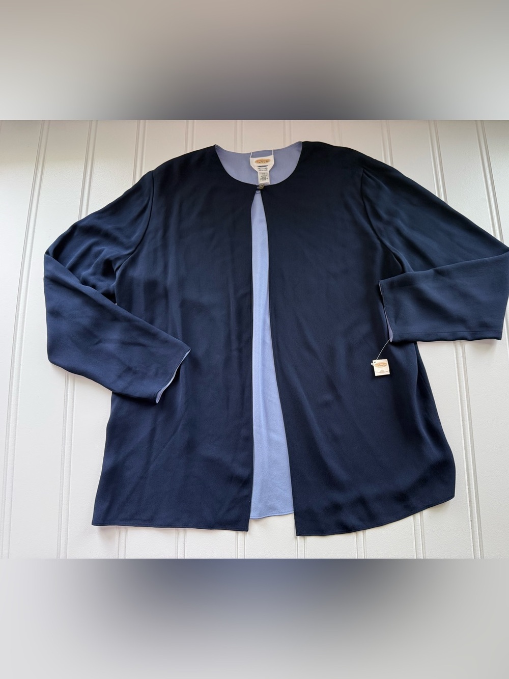 Talbots Reversible 100% Silk Open Cardigan Large Navy Blue 14 NEW 3097